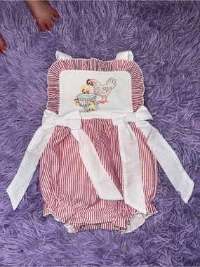 Red & White Striped Baby Romper with Chicken Embroidery